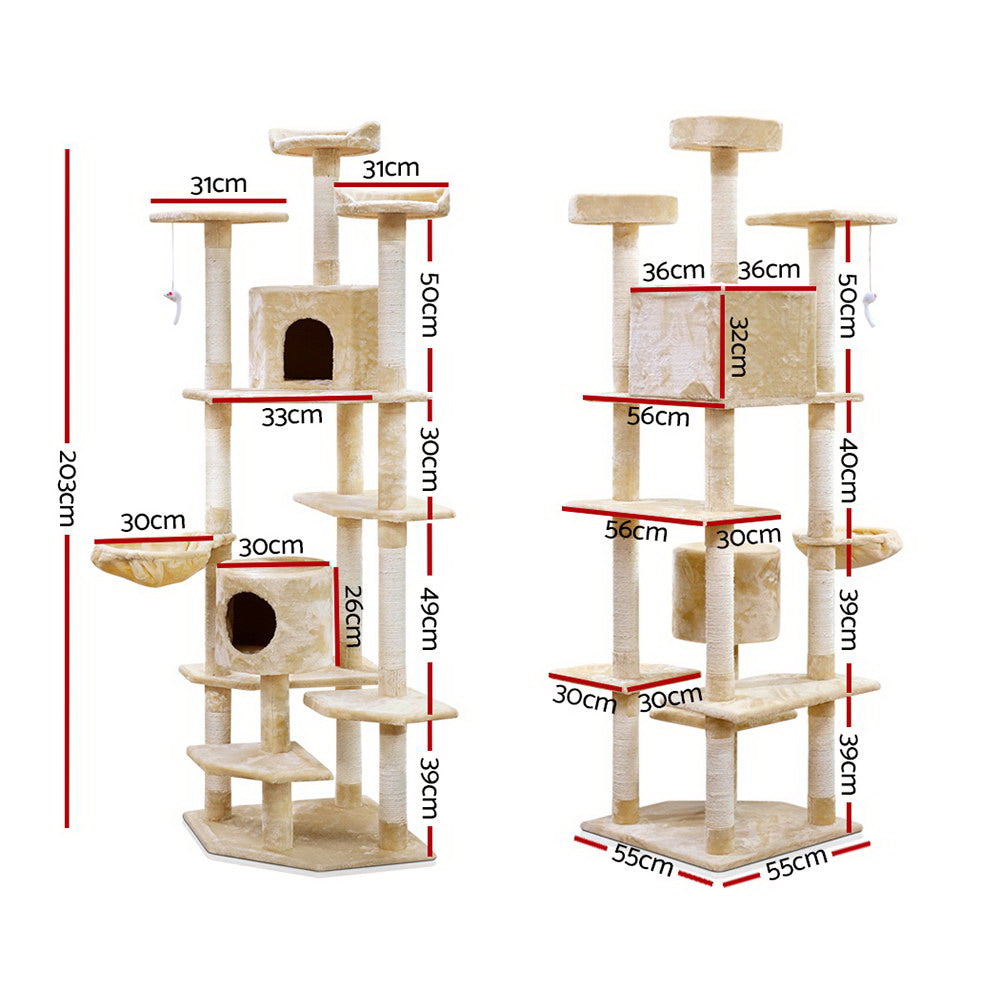 Cat Tree 203cm Trees Scratching Post Scratcher Tower Condo House Furniture Wood Beige