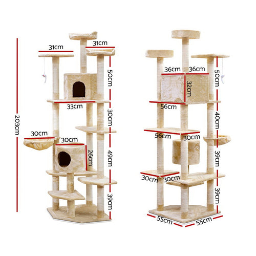 Cat Tree 203cm Trees Scratching Post Scratcher Tower Condo House Furniture Wood Beige
