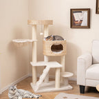 Modern Cat Tree for Indoor Cats with Cattail Fluff Condo and Top Perch-Natural